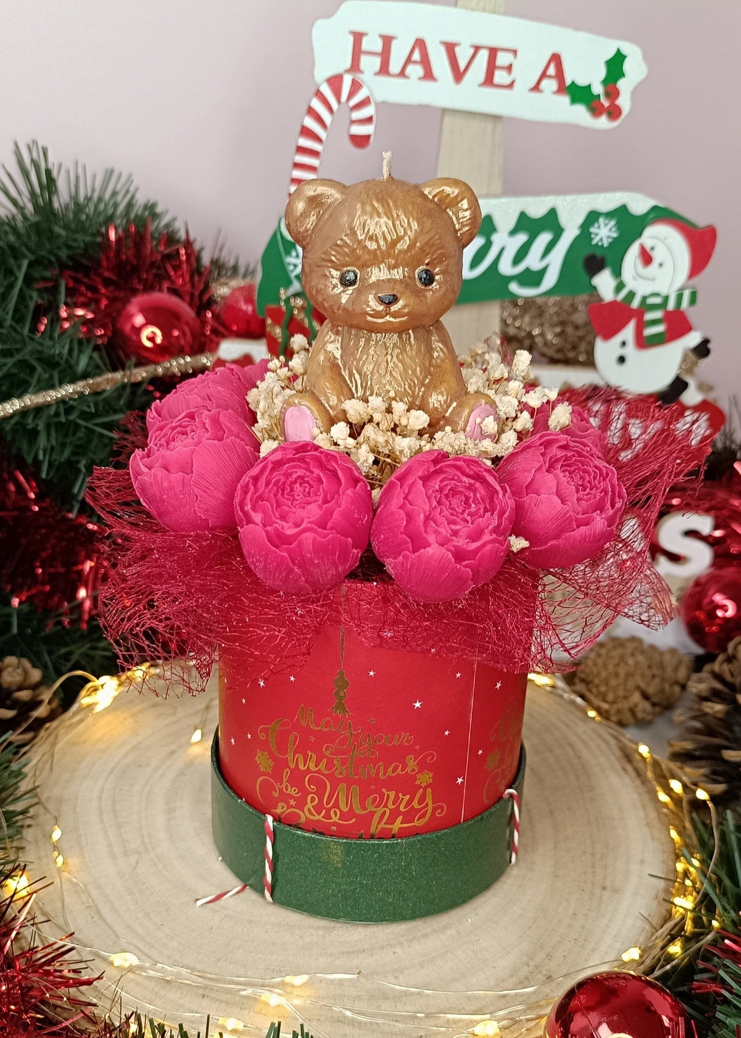 Bouquet parfumé "ourson & ses pivoines" - parfum au choix