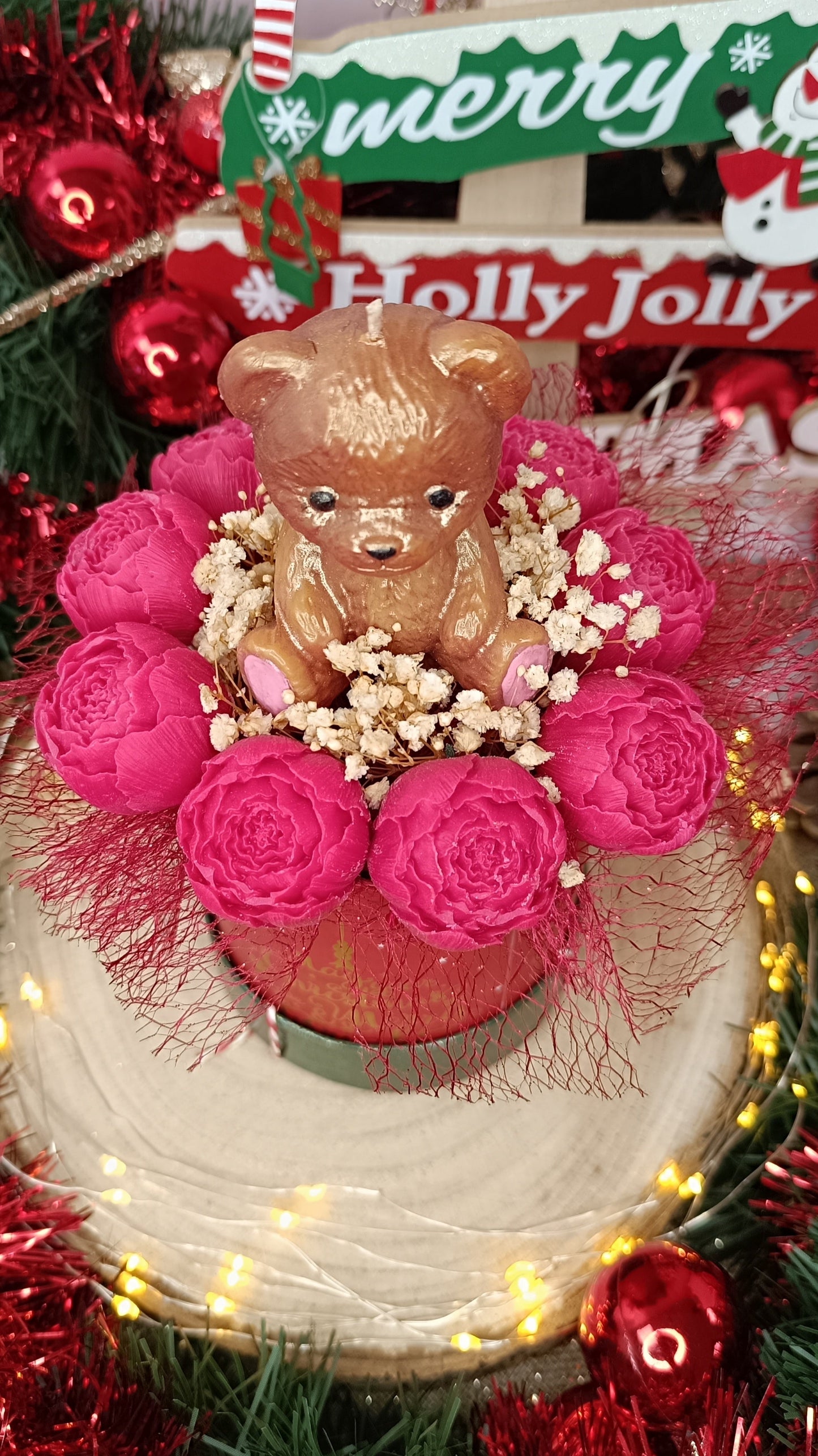 Bouquet parfumé "ourson & ses pivoines" - parfum au choix