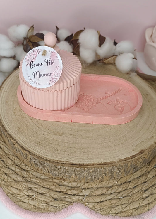 Duo bougie "marguerite"  + plateau rose en jesmonite