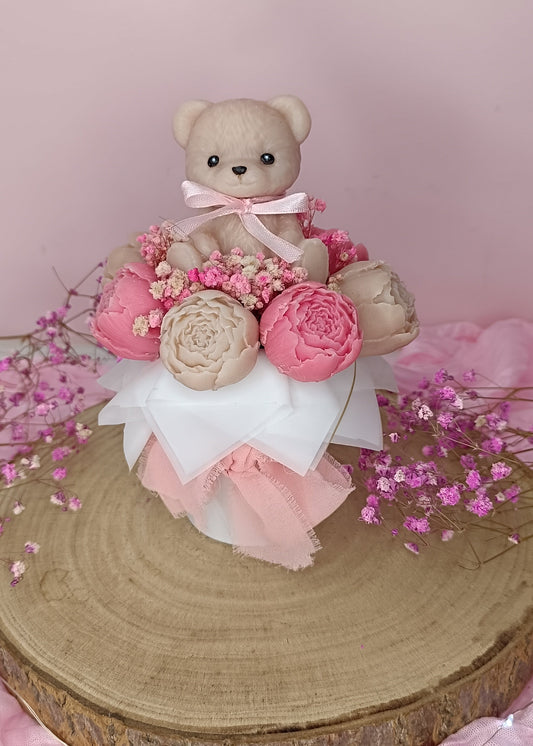 Bouquet parfumé "ourson & ses pivoines" - parfum au choix
